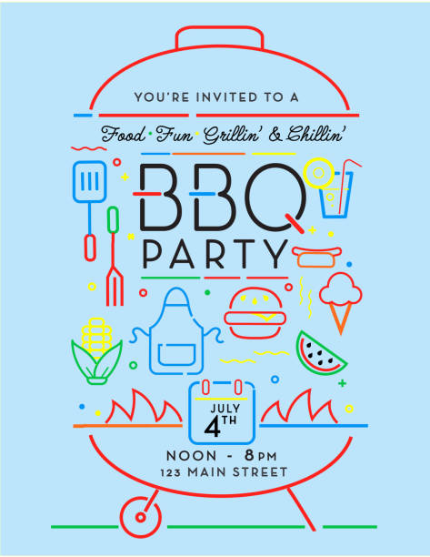 trendige und stilisierte symbole in barbecue party einladung design vorlage für sommer-cookouts und feiern - bbq stock-grafiken, -clipart, -cartoons und -symbole