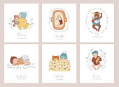 Trendy baby and children cards, baby shower invites, birth announcement. Vintage style. Vector illustrations.