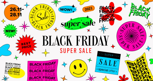 stockillustraties, clipart, cartoons en iconen met trendy colorful black friday super sale banner vector design. collection of promo stickers. - happy friday emoticon