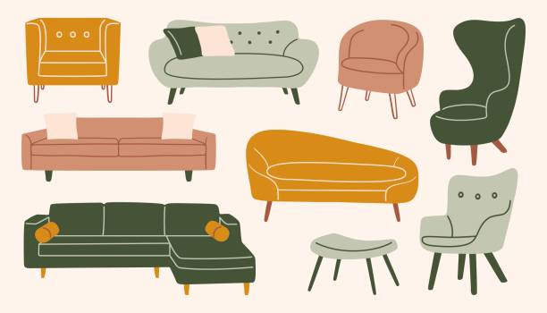 Trendy comfortable chair and couch set. Abstract soft furniture, luxury armchair, sofa, hand drawn doodle elements. Vector Trendy comfortable chair and couch set. Abstract soft furniture, luxury armchair, sofa, hand drawn doodle elements. Vector. bed furniture clipart stock illustrations