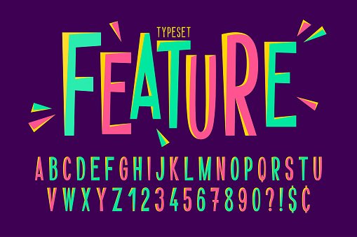 Trendy comical condensed font design, colorful alphabet, typeface. Vector illustration