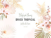 istock Trendy dried palm leaves, blush pink and ivory rose, pale protea, white orchid, gold monstera 1295895094