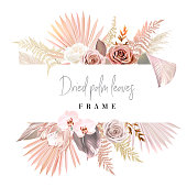 Trendy dried palm leaves, blush pink and rust rose, pale protea, white orchid, pampas grass vector wedding banner. Trendy flower. Beige, gold, brown, rust, taupe.Elements are isolated and editable