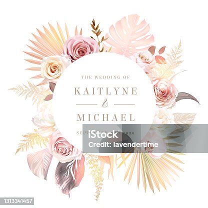 istock Trendy dried palm leaves, pale rose, orchid, pampas grass, monstera, fern, white ruscus 1313341457