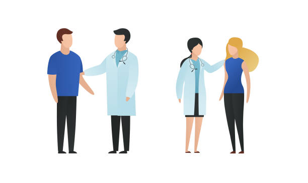ilustrações de stock, clip art, desenhos animados e ícones de trendy flat doctor and patient character vector flat illustration. male and female medic saying news, comforts people isolated on white background. coat uniform, blue cloth, stethoscope. - doctors