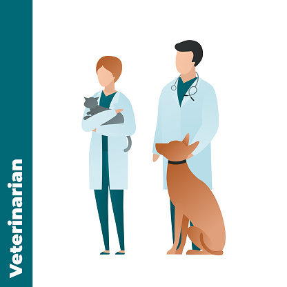 Trendy flat medical character vector cartoon illustration. Set of male and female veterinarian doctor team isolated on white background. Coat uniform, stethoscope, sitting dog and cat. Vet clinic.