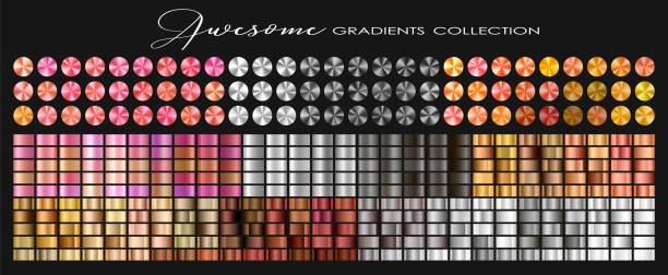 Trendy gradients collection Trendy Gold, Silver, Copper, Rose gold, Ultra Violet collection, circular gradient set with silver, golden, copper, violet, purple, pink, red, white, grey... colors for design. Vector illustration. copper texture stock illustrations