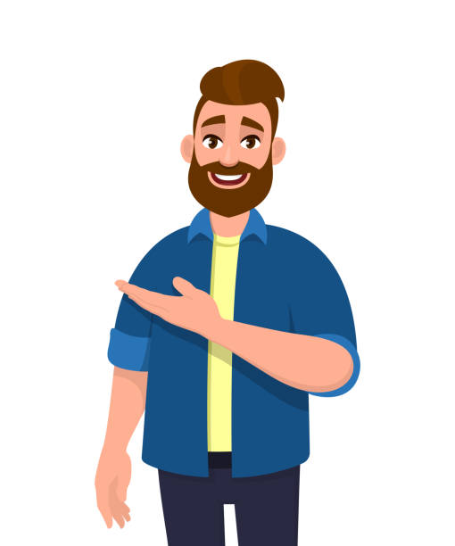 ilustrações de stock, clip art, desenhos animados e ícones de trendy hipster young man pointing hand to copy space. stylish bearded person showing or presenting hand gesture sign towards side. male character introducing something. vector illustration in cartoon. - man pointing