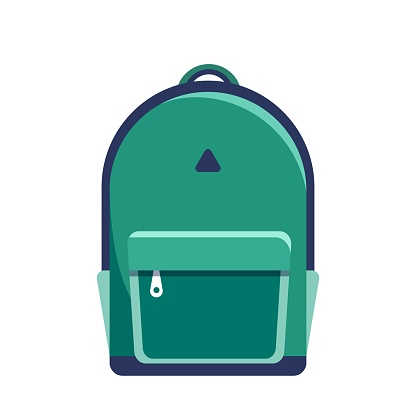 Trendy modern green backpack isolated on white background. Rucksack, knapsack, bag icon. Vector illustration in flat style