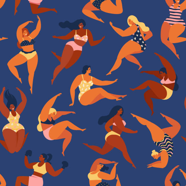 Trendy pattern with girls in summer swimsuits. Body positive. Trendy pattern with girls in summer swimsuits. Body positive. Vector seamless pattern. cartoon of fat lady in swimsuit stock illustrations
