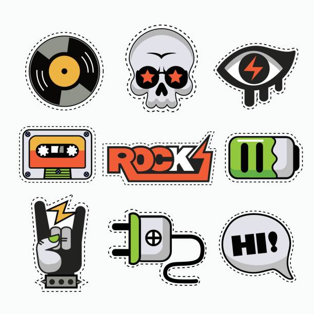 Trendy pop art musical patches, stickers and pins vector art illustration