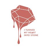 Trendy postcard with bleeding diamond and lettering quote. I turned my heart into a stone illustration. Vector crystal with blood drops. T-shirt print. Poster.