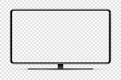 Trendy realistic thin frame monitor mock up with blank white screen isolated. PNG. Vector illustration.
