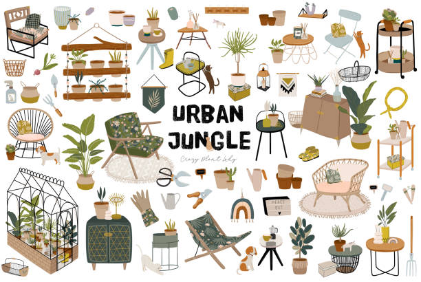 Trendy Scandinavian Urban Greenery quotes. Home Jungle lettering for home decorations. Trendy Scandinavian Urban Greenery at Home Jungle Interior with home decorations. Cozy Home Garden furnished in Hygge style. Crazy Plant Lady illustration. Isolated Vector greenhouse table stock illustrations