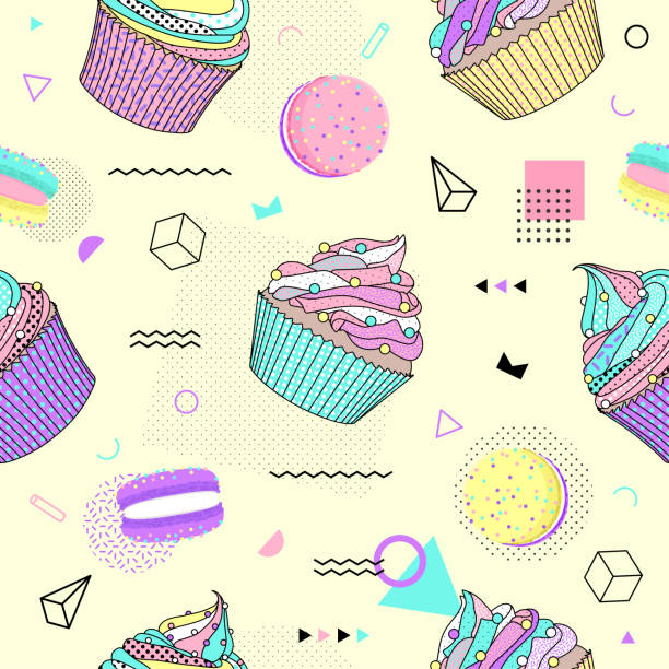 Trendy seamless pattern with macaron and cupcake. Vector Illustration vector art illustration