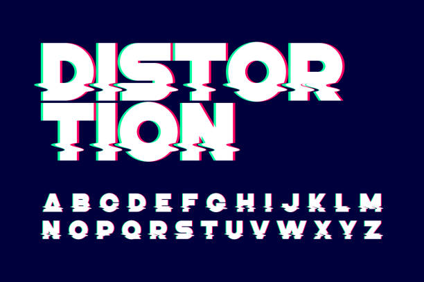 Trendy style distorted glitch typeface Trendy style distorted glitch typeface, vector illustration alphabet patterns stock illustrations
