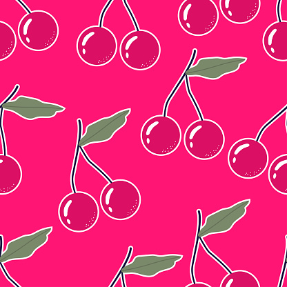 Trendy summer pattern with a cherry on a crimson background. Bright summer pattern for printing, paper, wallpaper, fabric and for the internet.