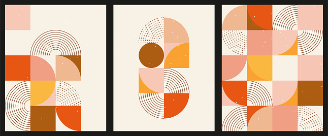 Trendy vintage illustrations with shapes, circles, lines, grunge texture.