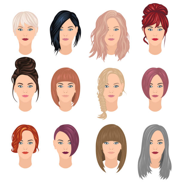 Trendy woman hairstyles Vector set of woman haircuts in trendy colors, front view short hair stock illustrations