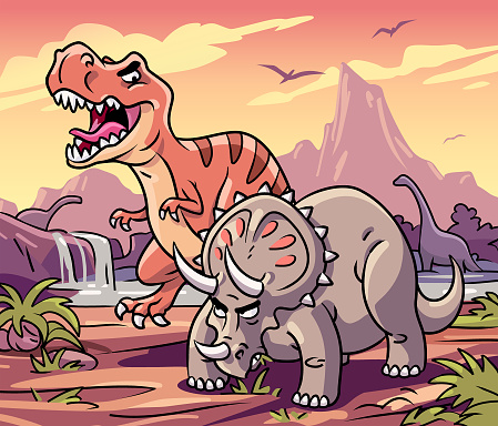 T-Rex And Triceratops- Confrontation At Sunset