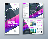 istock Tri fold brochure design with line shapes, corporate business template for tri fold flyer. Creative concept folded flyer or brochure. 1212743668
