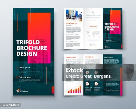 istock Tri fold brochure design with line shapes, corporate business template for tri fold flyer. Creative concept folded flyer or brochure. 1212743694