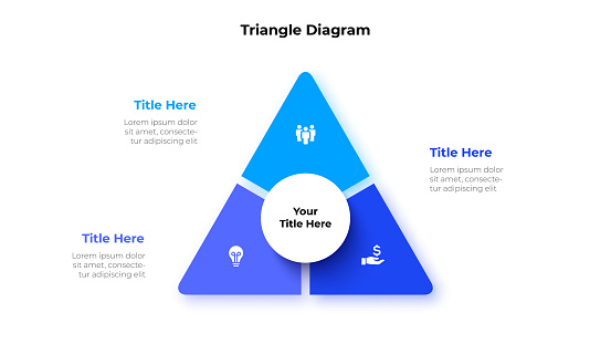 Triangle is divided into 3 parts. Concept of three options of business project management. Vector illustration for data analysis visualization.