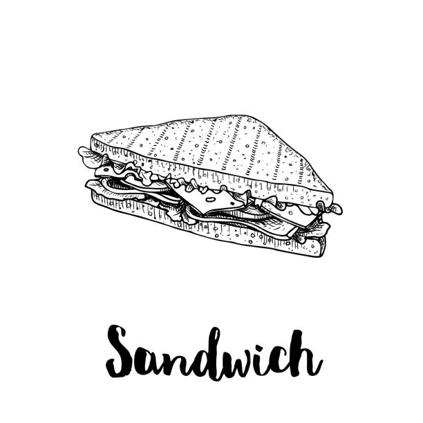 Triangle sandwich with lettuce, ham, cheese and tomato slices. Hand drawn sketch style. Grilled bread. Fast food drawing for restaurant menu and street food package. Vector illustration. Triangle sandwich with lettuce, ham, cheese and tomato slices. Hand drawn sketch style. Grilled bread. Fast food drawing for restaurant menu and street food package. Vector illustration. EPS10 + JPEG preview. sandwich drawings stock illustrations