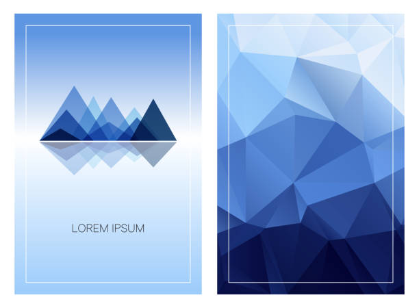 Triangular mountain ridges with vertical polygonal background. Set of geometric style cards template. Front and back page. Can be used for posters, flyers, brochures design, covers and digital banners mountain backgrounds stock illustrations