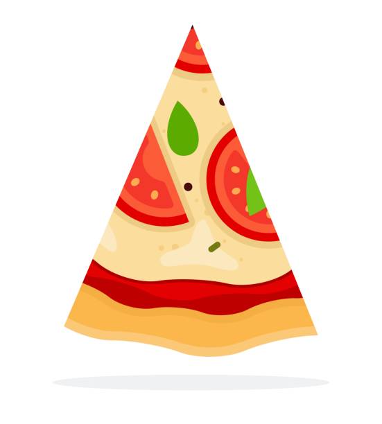 Triangular slice of Margherita Pizza flat icon vector isolated Triangular piece of Margherita Pizza with tomato, basil and cheese vertically flat single icon vector isolated on white margherita stock illustrations
