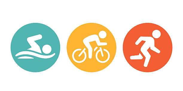 Triathletes Icons Triathlon stages represented. Swimming, Biking, Running. triathlon stock illustrations