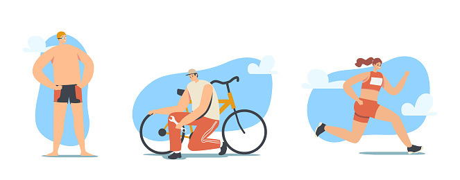 Triathlon Competition Concept. Triathletes Male and Female Characters Running, Cycling and Swimming during Toirnament
