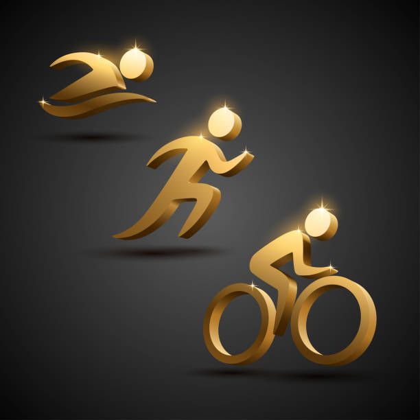 Triathlon golden icons Triathlon golden icons in vector triathlon stock illustrations