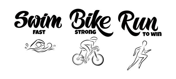 Triathlon hand drawn lettering, quote: Swim strong, Bike fast, Run to win with sportsmen icons. For motivation poster, banner, logo, icon. For sport club, triathlon team, outdoor event Triathlon hand drawn lettering, quote: Swim strong, Bike fast, Run to win with sportsmen icons. For motivation poster, banner, logo, icon. For sport club, triathlon team, outdoor event. triathlon stock illustrations