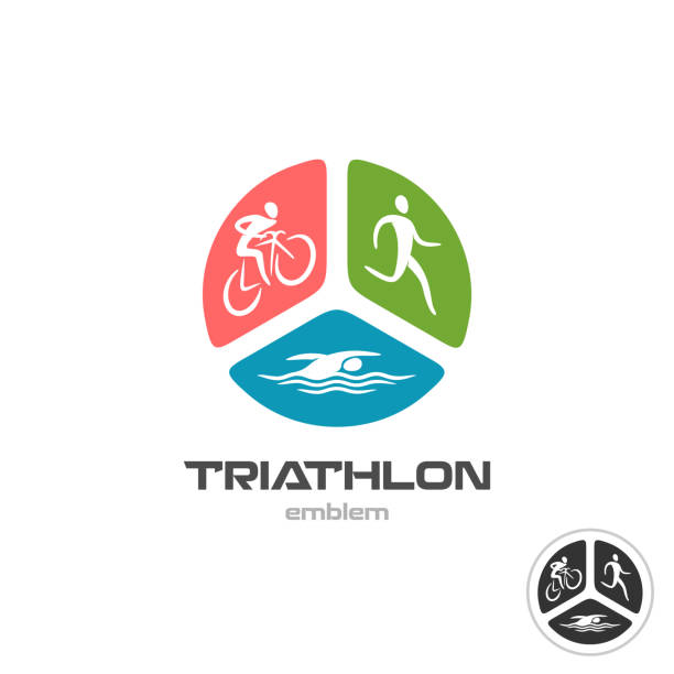 Triathlon sport symbol. Cyclist, running and swimming man silhouet Triathlon sport symbol. Cyclist, running and swimming man silhouettes. triathlon stock illustrations