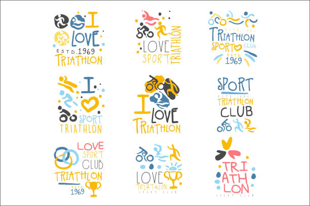 Triathlon Supporters And Fans Club For People That Love Sport Set Of Colorful Promo Sign Design Templates Triathlon Supporters And Fans Club For People That Love Sport Set Of Colorful Promo Sign Design Templates. Bright Color Promotional Vector Labels With Text Series. triathlon stock illustrations