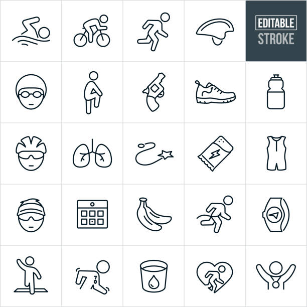 Triathlon Thin Line Icons - Editable Stroke A set of triathlon icons that include editable strokes or outlines using the EPS vector file. The icons include a person swimming, person riding bike, person running, helmet, swimmer with swim cap, cyclist wearing helmet, runner wearing a visor, person stretching, start gun, running shoe, water bottle, human lungs, triathlon course, energy bar, triathlon suit, calendar, bananas, runner crossing finish line, runner winning triathlon race, water and a finisher with a medal around neck. cycling icons stock illustrations