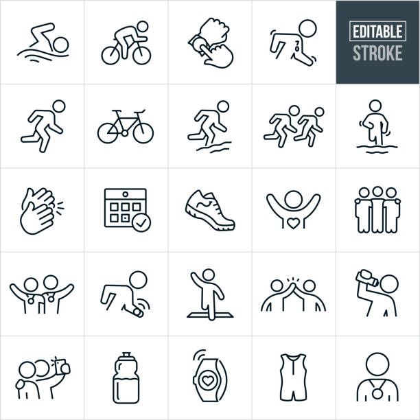 Triathlon Thin Line Icons - Editable Stroke A set of triathlon icons that include editable strokes or outlines using the EPS vector file. The icons include a person swimming, person cycling, person running, runner running into water, two runners running side by side, hands clapping, athlete with arms raised, athletes with arms around shoulders, athlete drinking from water bottle, triathletes taking selfie, running shoe, water bottle, wet suit, calendar, bananas, runner crossing finish line, and a finisher with a medal around neck. triathlon stock illustrations