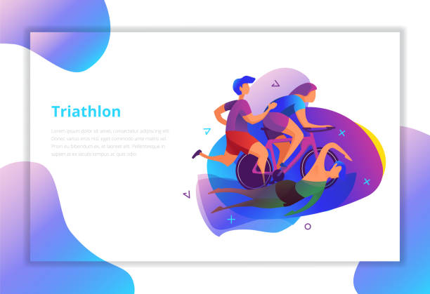 Triathlon vector illustration. Sport and activity landing page. People doing triathlon. Swimming, cycling, running. triathlon stock illustrations