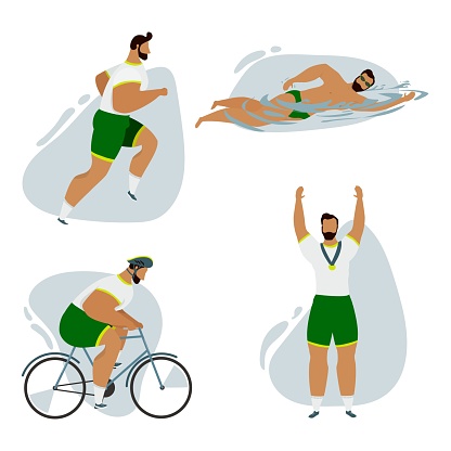 Triathlon vector set. Athletic man running, biking, swimming and holding hands up with sport medal. Cartoon character for web and mobile apps