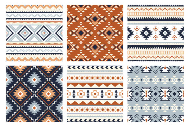Tribal indian seamless pattern. Color mexican, aztec and maya ornament, ethnic stylish fabric geometric print wallpaper texture vector set Tribal indian seamless pattern. Color mexican, aztec and maya ornament, ethnic stylish fabric geometric print wallpaper texture vector set. Unique folk, national culture collection navajo culture stock illustrations