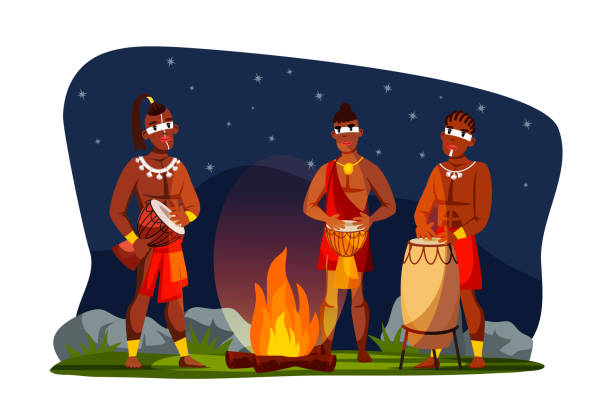 ilustrações de stock, clip art, desenhos animados e ícones de tribal man community playing music around bonfire - fire caveman