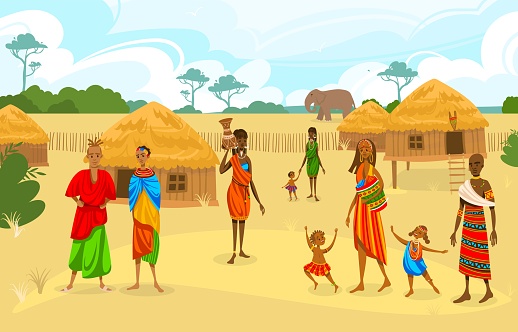 Tribe ethnic people in Africa flat vector illustration, cartoon African woman with jug, family characters standing near huts houses