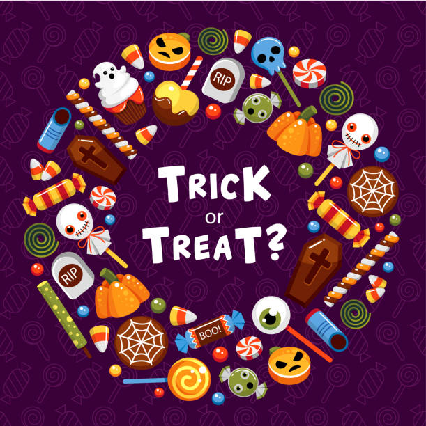 Trick or treat circle frame flat vector template Trick or treat circle frame flat vector template. Halloween sweets social media banner design. Autumn holiday desserts round border with typography. Spooky ghost and pumpkin candies illustration candy clipart stock illustrations