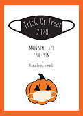 Trick or Treat Halloween postcard design pumpkin and face mask. Halloween 2020 party invitation fully editable. Vector illustration. Use for cards, flyer, poster