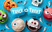 istock Trick or treat halloween vector design. Halloween character elements with trick or treat typography text 1335165829