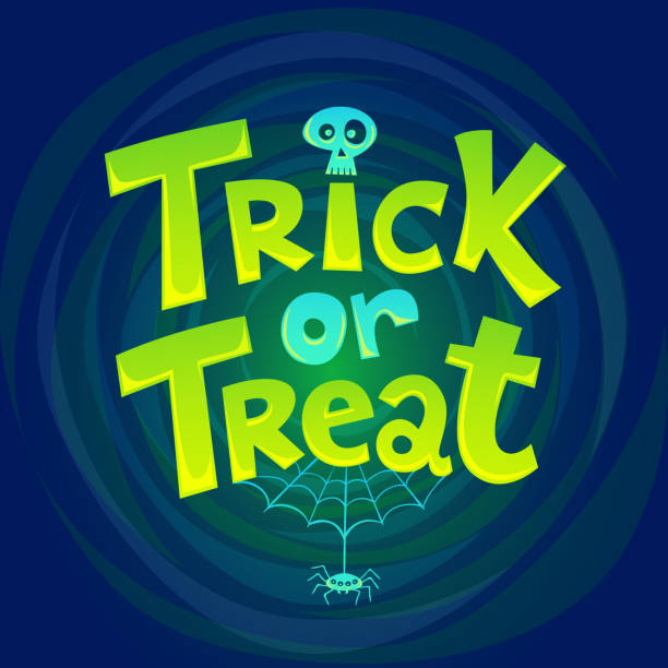 Trick or Treat hand drawn lettering background Trick or treat hand lettering halloween with a spiderweb and a skull. Perfect for greeting cards, posters, prints, stickers, banners or party emblems. Vector illustration. trick or treat stock illustrations