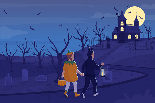 Trick or treat in haunted mansion on Halloween flat color vector illustration