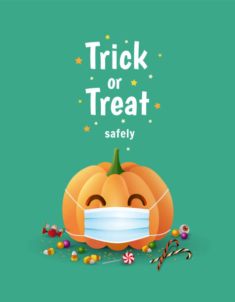 Trick or Treat safely. Halloween during pancemic cute illustration with pumpkin wearing face mask for protection from coronavirus and sweets. - Vector Trick or Treat safely. Halloween during pancemic cute illustration with pumpkin wearing face mask for protection from coronavirus and sweets on green background. - Vector trick or treat stock illustrations
