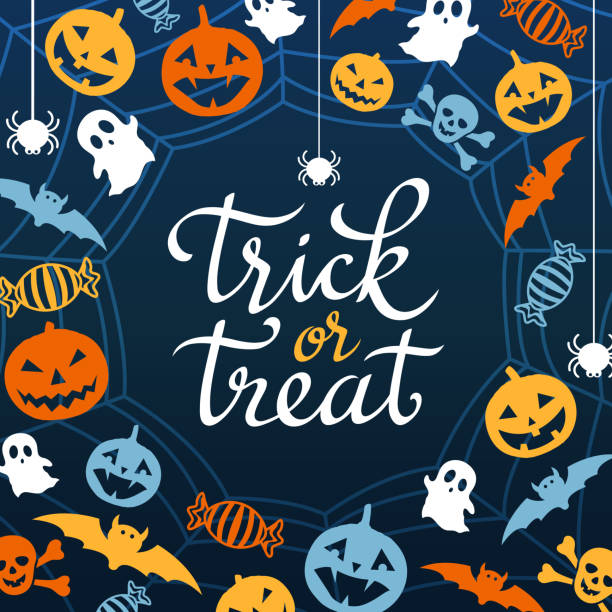 Trick or Treat The decoration elements for the night party of Halloween on the spider web backgrounds trick or treat stock illustrations